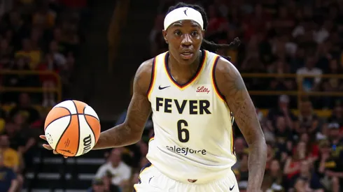 Natasha Howard #6 of the Indiana Fever handles the ball against the Dallas Wings during the first half at American Airlines Center on August 1, 2025.