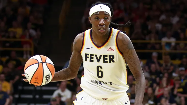 Natasha Howard #6 of the Indiana Fever handles the ball against the Dallas Wings during the first half at American Airlines Center on August 1, 2025.