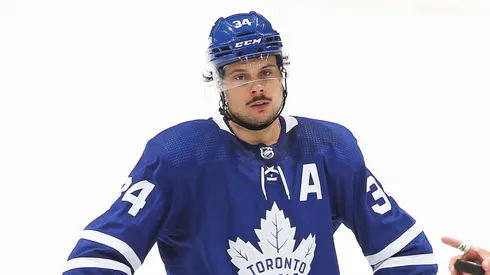 Auston Matthews #34 of the Toronto Maple Leafs gets set for overtime against the Calgary Flames during an NHL game at Scotiabank Arena on April 13, 2021 in Toronto, Ontario, Canada.