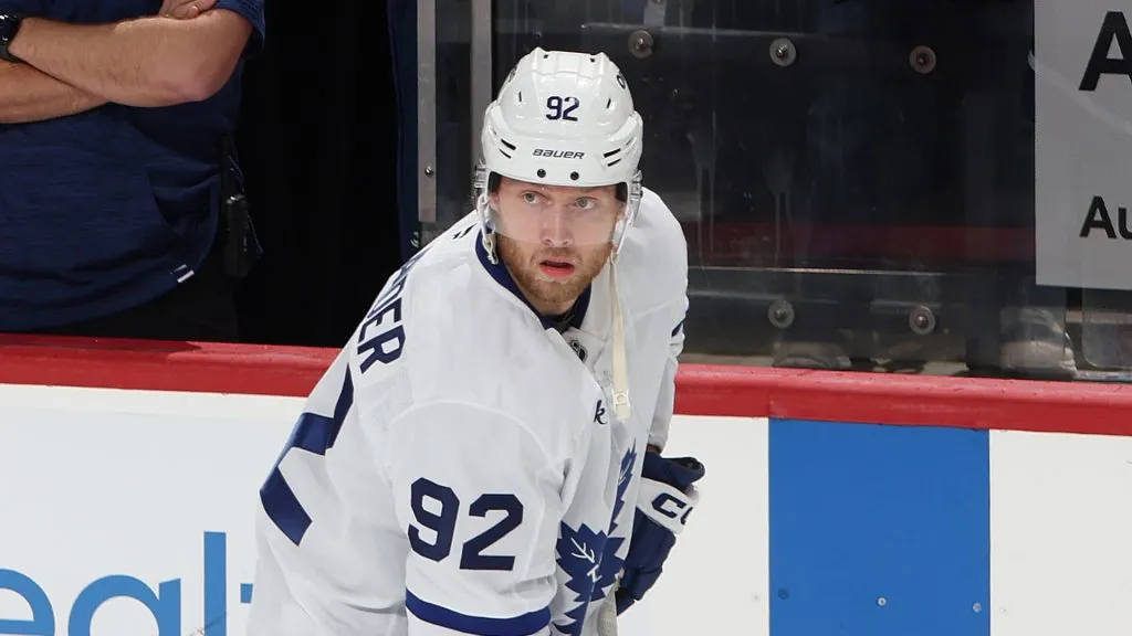 Alexander Nylander #92 of the Toronto Maple Leafs skates with the puck prior to the game against the Florida Panthers at the Amerant Bank Arena on November 27, 2024 in Sunrise, Florida.