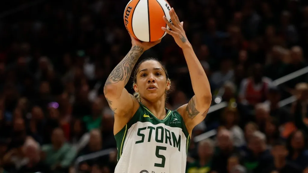 Gabby Williams #5 of the Seattle Storm shoots a jump shot during the second quarter of the game against the Indiana Fever at Climate Pledge Arena on June 24, 2025. (Source: Alika Jenner/Getty Images)