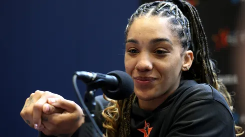 Gabby Williams #5 of the Seattle Storm speaks to the media during the 2025 AT&T WNBA All-Star practice sessions at Gainbridge Fieldhouse on July 18, 2025.