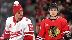 Patrick Kane #88 of the Detroit Red Wings and Connor Bedard #98 of the Chicago Blackhawks