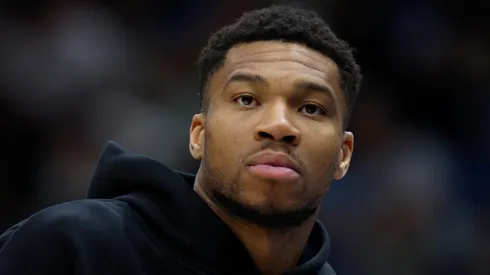 Giannis Antetokounmpo #34 of the Milwaukee Bucks stands ont he court during a NBA game against the New Orleans Pelicans.