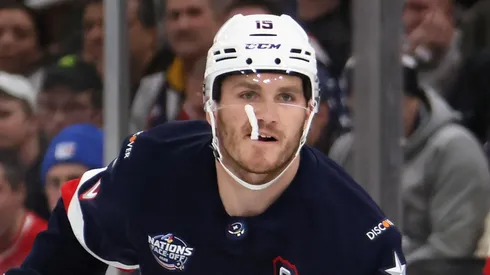 Matthew Tkachuk #19 of Team USA skates against Team Canada in the NHL 4 Nations Face-Off Championship Game at TD Garden on February 20, 2025 in Boston, Massachusetts.