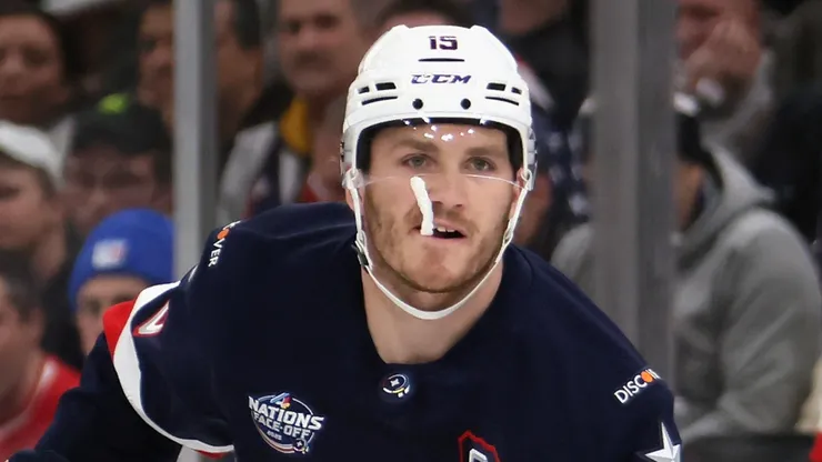 Matthew Tkachuk #19 of Team USA skates against Team Canada in the NHL 4 Nations Face-Off Championship Game at TD Garden on February 20, 2025 in Boston, Massachusetts.