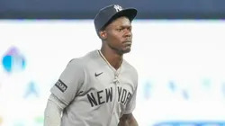 Jazz Chisholm Jr. #13 of the New York Yankees waits for the pitch during the sixth inning against the Miami Marlins.
