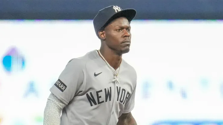 Jazz Chisholm Jr. #13 of the New York Yankees waits for the pitch during the sixth inning against the Miami Marlins.