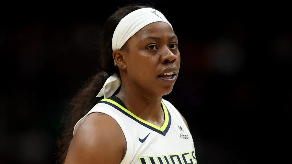 Arike Ogunbowale #24 of the Dallas Wings looks on against the Seattle Storm at Climate Pledge Arena on July 22, 2025. (Source: Steph Chambers/Getty Images)