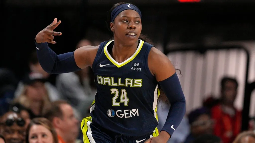 Arike Ogunbowale #24 of the Dallas Wings gestures after scoring against the Washington Mystics during the first half at Carefirst Arena on June 22, 2025. (Source: Jess Rapfogel/Getty Images)