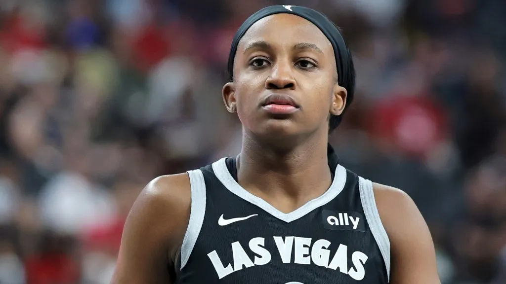 Jackie Young #0 of the Las Vegas Aces walks on the court in the second quarter of a game against the Indiana Fever at T-Mobile Arena on June 22, 2025. (Source: Ethan Miller/Getty Images)