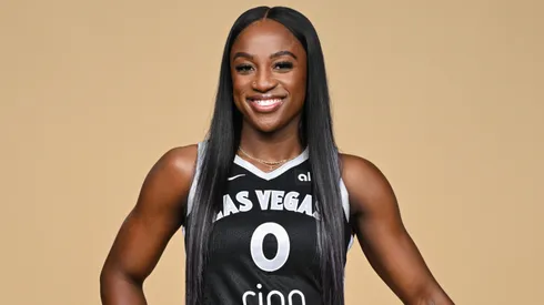 Jackie Young #0 of the Las Vegas Aces poses for a portrait during the team's media day at Vu Studios on May 08, 2025.