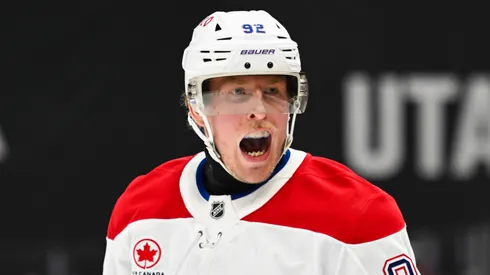 Patrik Laine #92 of the Montreal Canadiens celebrates a goal during the second period against the Utah Hockey Club at Delta Center on January 14, 2025 in Salt Lake City, Utah.