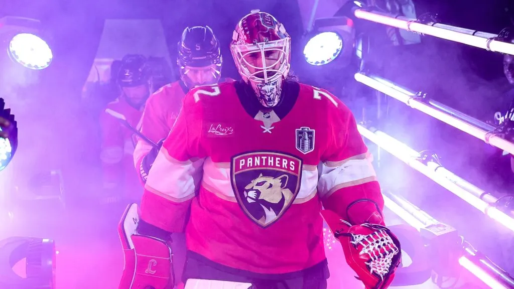 Sergei Bobrovsky #72 of the Florida Panthers is introduced prior to Game Six of the 2025 Stanley Cup Final against the Edmonton Oilers at Amerant Bank Arena on June 17, 2025 in Sunrise, Florida.