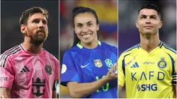 Lionel Messi #10 of Inter Miami CF, Marta Vieira #10 of Brazil and Cristiano Ronaldo #7 of Al Nassr.