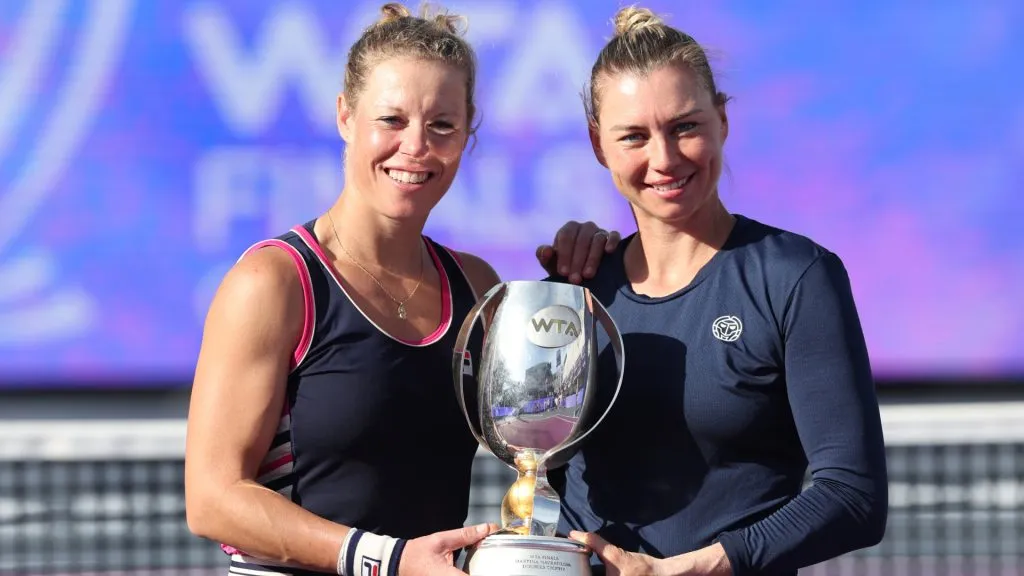 Laura Siegemund and Vera Zvonareva pose with the trophy after winning the WTA Finals doubles against Nicole Melichar-Martinez and Ellen Perez. (Matthew Stockman/Getty Images)