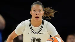 Kaitlyn Chen #2 of the Golden State Valkyries dribbles the ball against the Chicago Sky during the first quarter at Wintrust Arena on August 01, 2025.