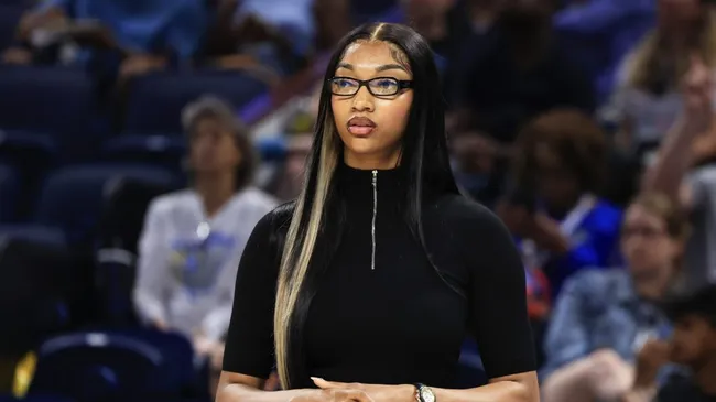 Angel Reese looks on prior the match between the Chicago Sky and the Phoenix Mercury at Wintrust Arena (Geoff Stellfox/Getty Images)