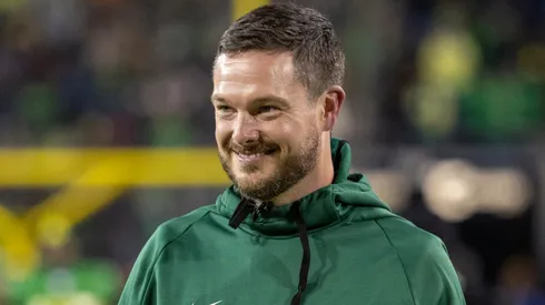 Head coach Dan Lanning of the Oregon Ducks stands on the field before their game against the Oregon State Beavers at Autzen Stadium on November 24, 2023 in Eugene, Oregon.