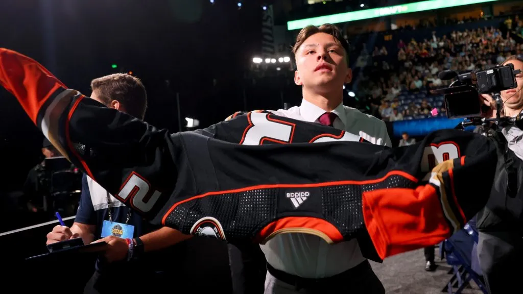 Carey Terrance celebrates after being selected 59th overall pick by the Anaheim Ducks during the 2023 Upper Deck NHL Draft at Bridgestone Arena on June 29, 2023 in Nashville, Tennessee. (Photo by Bruce Bennett/Getty Images)