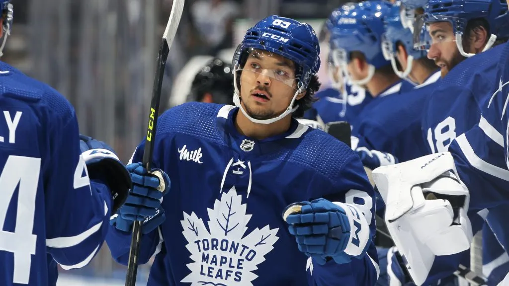 Nick Robertson #89 of the Toronto Maple Leafs celebrates a goal against the Montreal Canadiens during an NHL pre-season game at Scotiabank Arena on September 28, 2022 in Toronto, Ontario, Canada. (Photo by Claus Andersen/Getty Images)