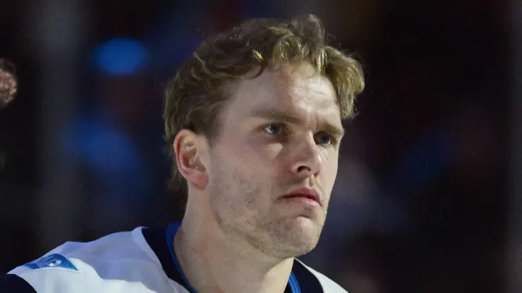 Mikko Rantanen #96 of Team Finland stands at attention during the national anthems prior to the game against Team Sweden in the 4 Nations Face-Off game at the Bell Centre on February 15, 2025 in Montreal, Quebec, Canada.