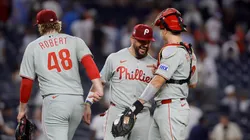 Philadelphia Phillies' players celebrate after defeating the New York Yankees.