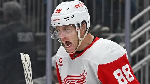 Patrick Kane #88 of the Detroit Red Wings reacts after scoring a goal in the second period against the Pittsburgh Penguins at PPG PAINTS Arena on November 13, 2024 in Pittsburgh, Pennsylvania.