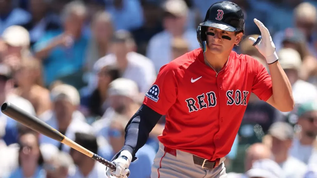 Roman Anthony #19 of the Boston Red Sox at bat against the Chicago Cubs at Wrigley Field on July 18, 2025. (Source: Michael Reaves/Getty Images)
