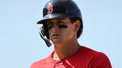 Roman Anthony #19 of the Boston Red Sox looks on against the Chicago Cubs at Wrigley Field on July 18, 2025.