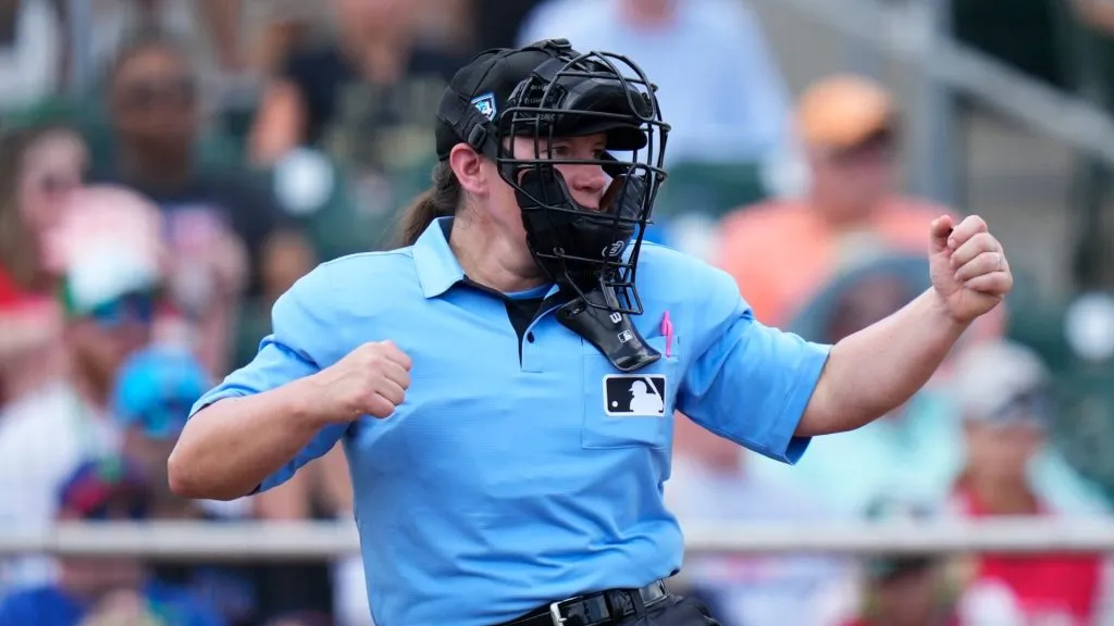 Umpire Jen Pawol calls a strike during a spring training game between the Philadelphia Phillies and the Miami Marlins at Roger Dean Stadium on March 16, 2024. (Source: Rich Storry/Getty Images)
