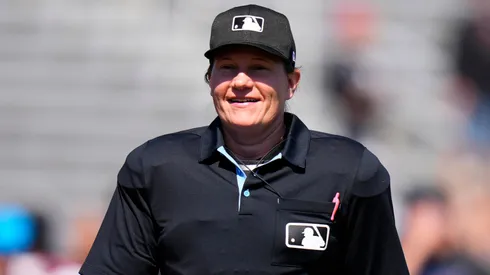 Umpire Jen Pawol looks on prior to a spring training game between the Miami Marlins and the Washington Nationals at Roger Dean Stadium on February 25, 2024.