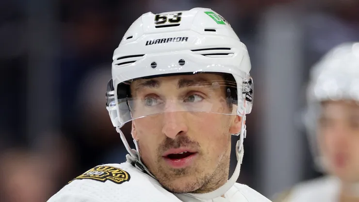 Brad Marchand looks on during the first period against the Seattle Kraken at Climate Pledge Arena on February 26, 2024 in Seattle, Washington.