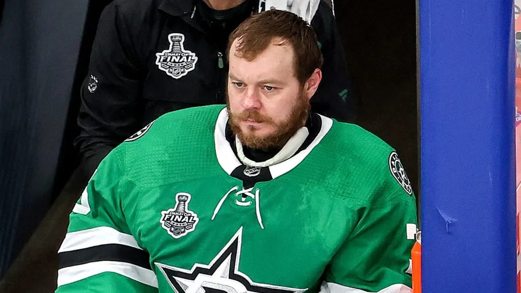 Anton Khudobin #35 of the Dallas Stars looks on from the bench against the Tampa Bay Lightning during the third period in Game Three of the 2020 NHL Stanley Cup Final at Rogers Place on September 23, 2020 in Edmonton, Alberta, Canada.