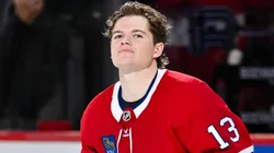 Cole Caufield #13 of the Montreal Canadiens skates onto the ice after being named the first star of the game against the Ottawa Senators at the Bell Centre on October 12, 2024 in Montreal, Quebec, Canada.