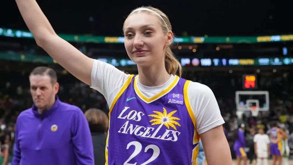 Cameron Brink #22 of the Los Angeles Sparks celebrates a win in double overtime over the Seattle Storm at Climate Pledge Arena on August 01, 2025. (Source: Soobum Im/Getty Images)