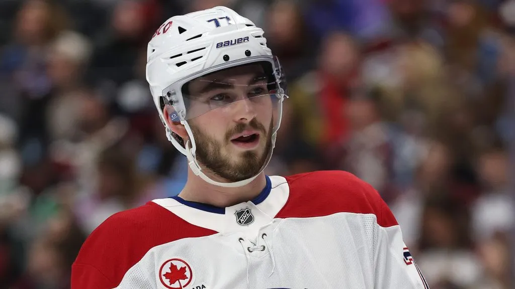 Kirby Dach #77 of the Montreal Canadiens plays the Colorado Avalanche in the second period at Ball Arena on January 04, 2025 in Denver, Colorado