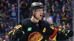 Elias Pettersson #40 of the Vancouver Canucks celebrates after scoring a goal against the Toronto Maple Leafs during the third period of their NHL game at Rogers Arena on January 20, 2024 in Vancouver, British Columbia, Canada.