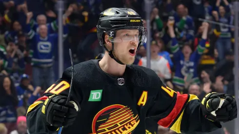 Elias Pettersson #40 of the Vancouver Canucks celebrates after scoring a goal against the Toronto Maple Leafs during the third period of their NHL game at Rogers Arena on January 20, 2024 in Vancouver, British Columbia, Canada.