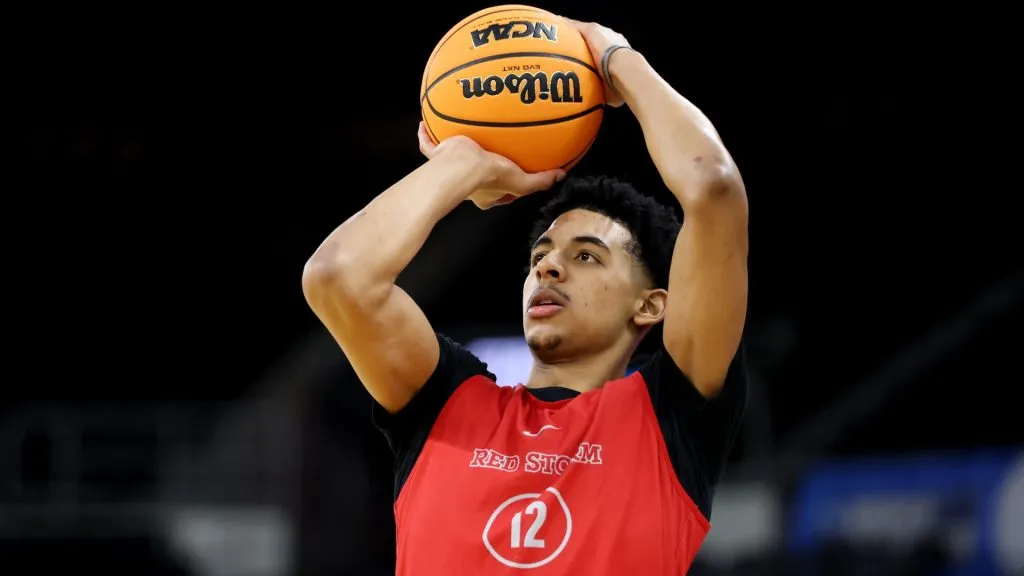 RJ Luis Jr. #12 of the St John’s Red Storm practices ahead of the NCAA Men’s Basketball Tournament at Amica Mutual Pavillion on March 19, 2025. (Source: Emilee Chinn/Getty Images)