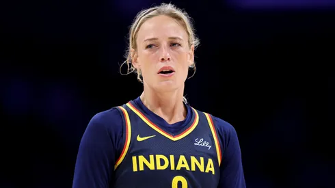 Sophie Cunningham #8 of the Indiana Fever looks on during the first half of a game against the Los Angeles Sparks.
