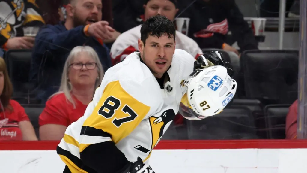 Sidney Crosby #87 of the Pittsburgh Penguins skates against the Detroit Red Wings at Little Caesars Arena on April 23, 2022 in Detroit, Michigan.