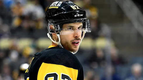 Sidney Crosby #87 of the Pittsburgh Penguins looks on during the third period against the St. Louis Bluesat PPG PAINTS Arena on January 05, 2022 in Pittsburgh, Pennsylvania.