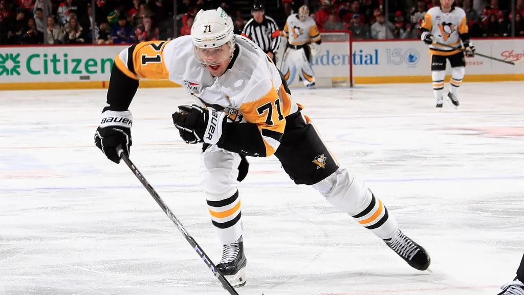 Evgeni Malkin #71 of the Pittsburgh Penguins skates against the New Jersey Devils at Prudential Center on April 11, 2025 in Newark, New Jersey. (Photo by Bruce Bennett/Getty Images)
