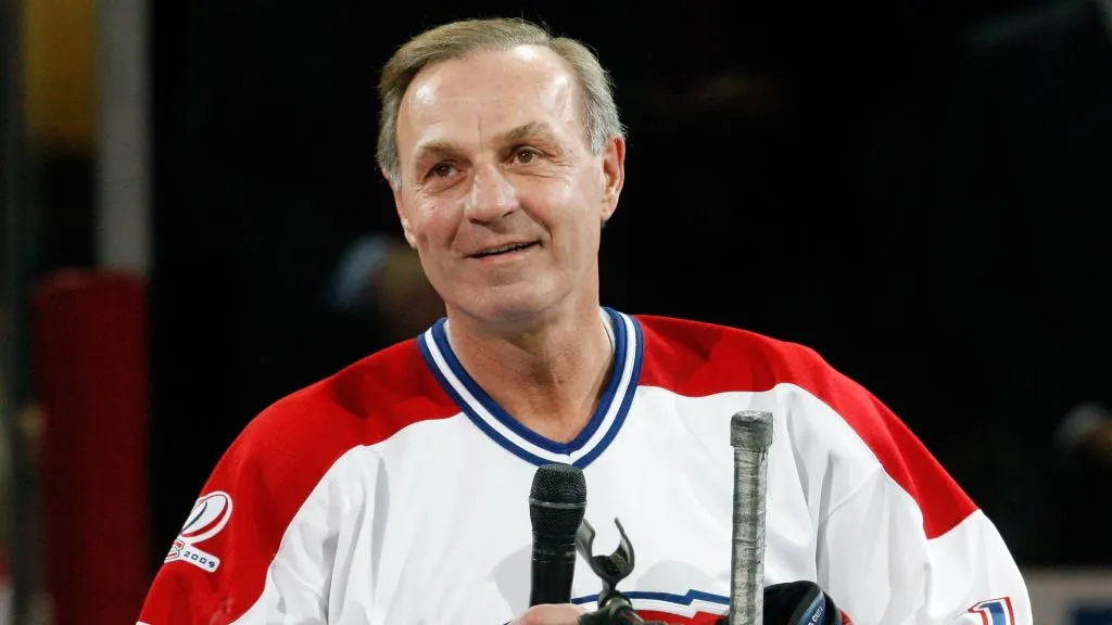 Guy Lafleur speaks to fans during the Centennial Celebration ceremonies prior to the NHL game between the Montreal Canadiens and Boston Bruins on December 4, 2009. (Source: Richard Wolowicz/Getty Images)