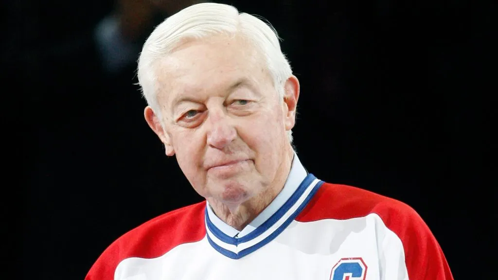 Jean Beliveau speaks to fans during the Centennial Celebration ceremonies prior to the NHL game between the Montreal Canadiens and Boston Bruins on December 4, 2009. (Source: Richard Wolowicz/Getty Images)