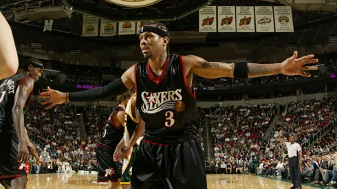 Allen Iverson #3 of the Philadelphia 76ers plays defense against the Seattle Sonics on November 15, 2006 at Key Arena.
