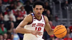 RJ Luis Jr. #12 of St. John's Red Storm dribbles the ball during the first half in the first round of the NCAA Men's Basketball Tournament against the Omaha Mavericks at Amica Mutual Pavillion on March 20, 2025.