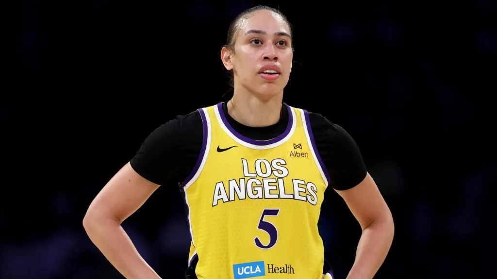 Dearica Hamby #5 of the Los Angeles Sparks looks on against the Las Vegas Aces at Crypto.com Arena on July 29, 2025. (Source: Luke Hales/Getty Images)