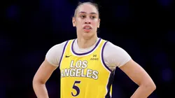 Dearica Hamby #5 of the Los Angeles Sparks looks on during the first half of a game against the Indiana Fever at Crypto.com Arena on August 05, 2025.